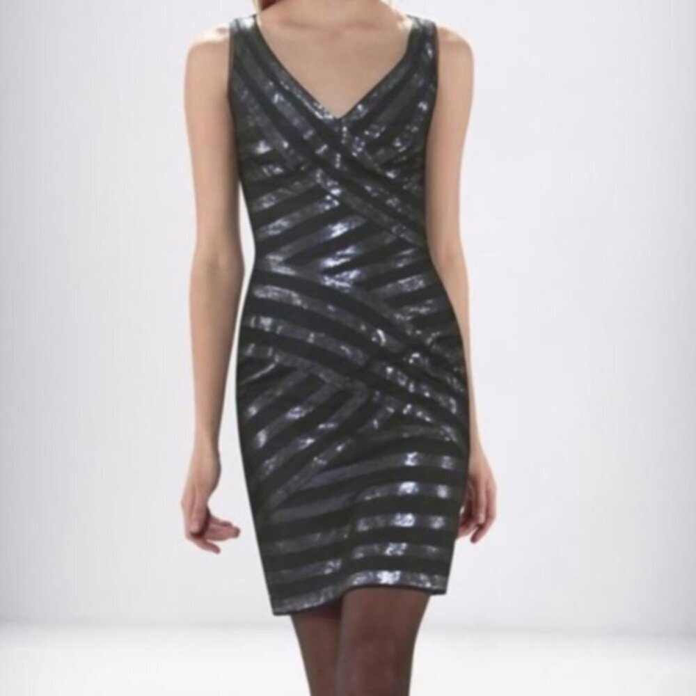 NWT Tadashi Shoji Sequin Stripe Constrast Dress Midnight Navy